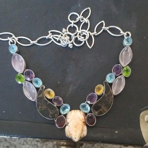 Multi gemstone and bone frog statement necklace